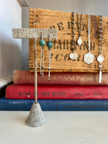 Turquoise with fine silver, pyrite, and lapis dangle earrings on fine silver ear wires. 3” long dangle earrings. Lightweight.