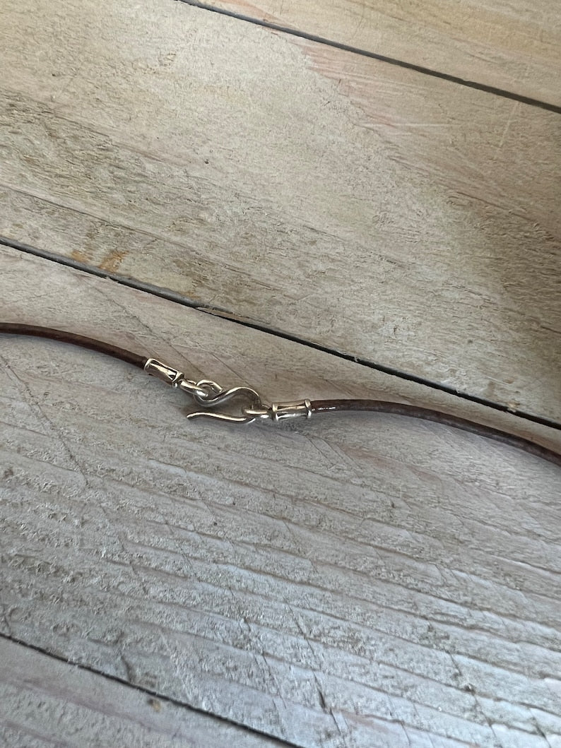 Fine silver sand dollar on brown leather choker 16”. Casual everyday boho necklace. Beach lover gift.