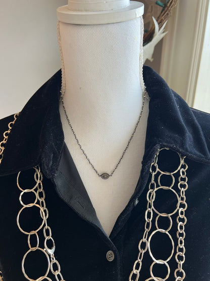 Diamond eye of Horus on sterling and. Silver pyrite chain. Delicate layering necklace. Adjustable 15-17”.