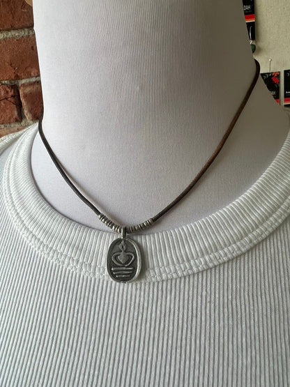 Fine silver yogi on brown leather choker 16”. Casual everyday boho necklace. Yogi gift.