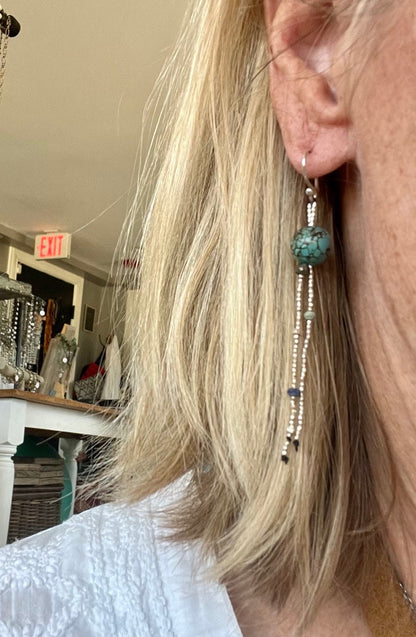 Turquoise with fine silver, pyrite, and lapis dangle earrings on fine silver ear wires. 3” long dangle earrings. Lightweight.