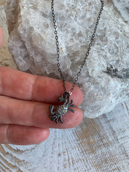 Diamond crab. Adorable little diamond pavé crab on oxidized sterling. Adjusts 16-18”. By ladeDAH! Jewelry.