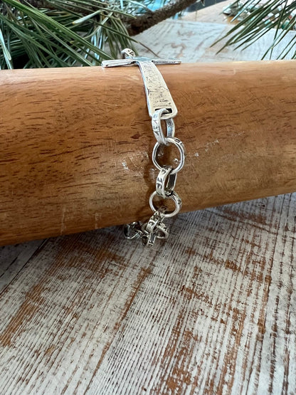 Hammered sterling cross on stamped fine silver chain. Sterling swivel lobster clasp. Great addition to your stack. 7” silver